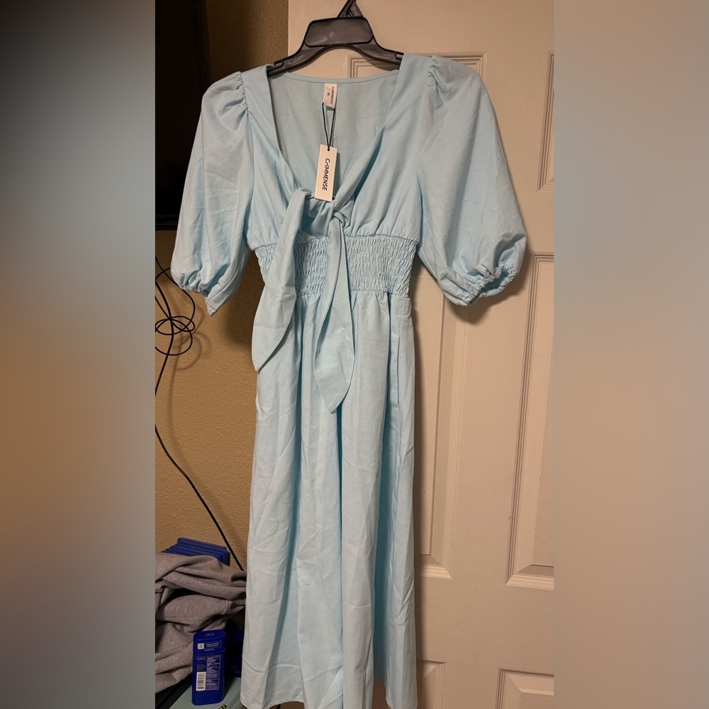 Commense Light Blue Puff Sleeve Midi Dress